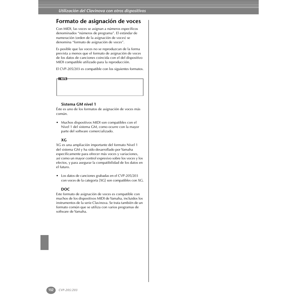 Formato de asignación de voces, Sistema gm nivel 1 | Yamaha Clavinova CVP-203 User Manual | Page 152 / 169