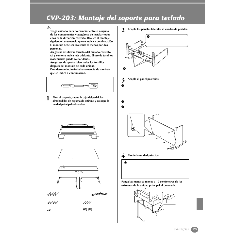 Cvp-203: montaje del soporte para teclado | Yamaha Clavinova CVP-203 User Manual | Page 155 / 169