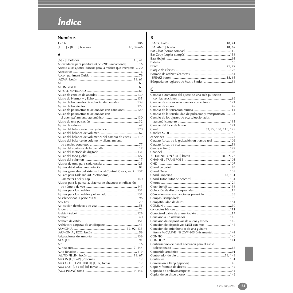 Índice | Yamaha Clavinova CVP-203 User Manual | Page 161 / 169