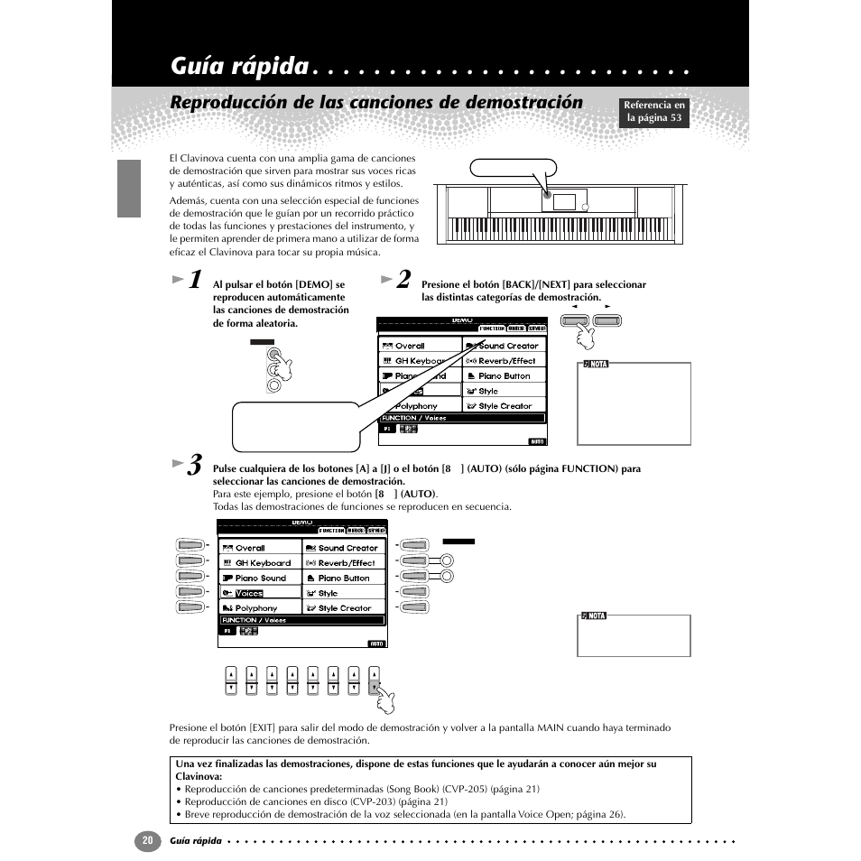 Guía rápida, Reproducción de las canciones de demostración | Yamaha Clavinova CVP-203 User Manual | Page 20 / 169