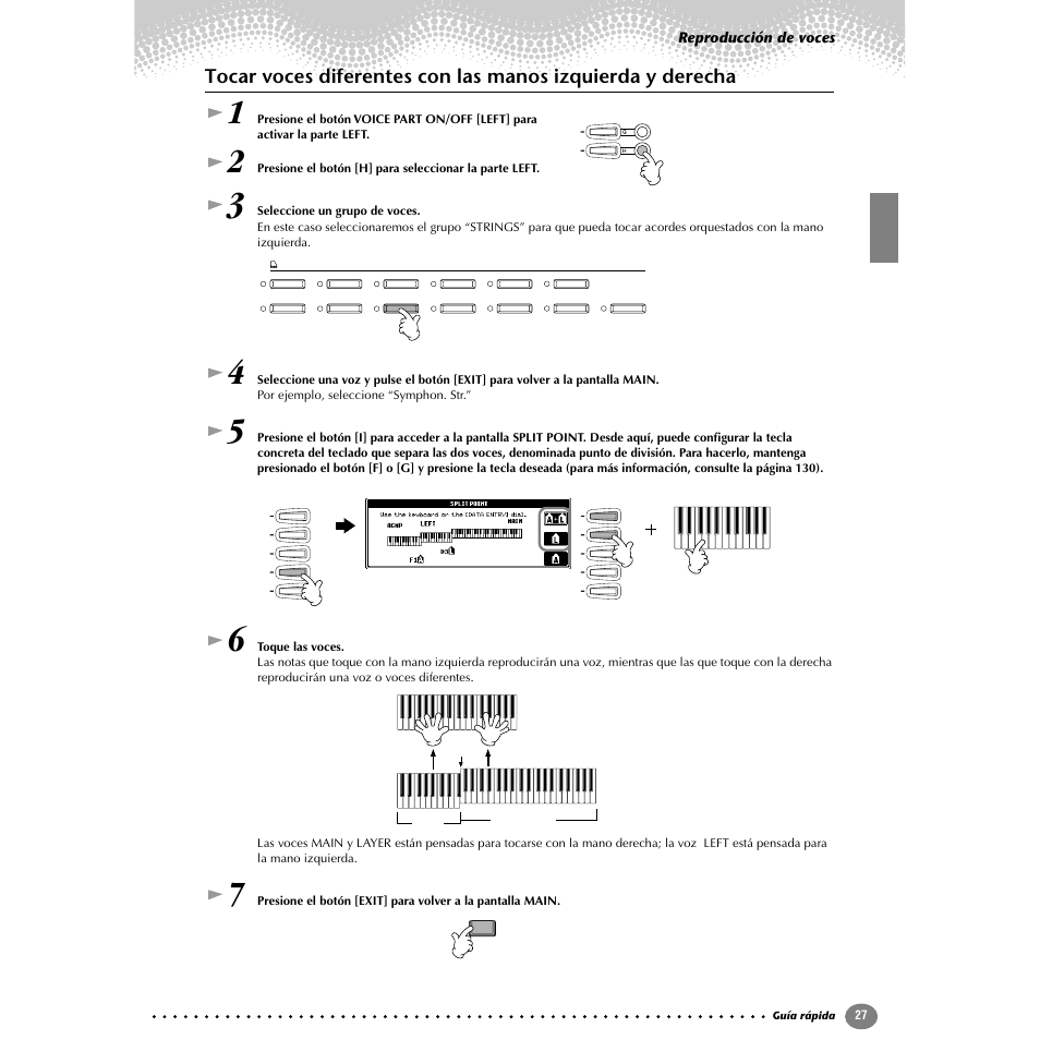 Tocar voces diferentes con las manos, Izquierda y derecha | Yamaha Clavinova CVP-203 User Manual | Page 27 / 169