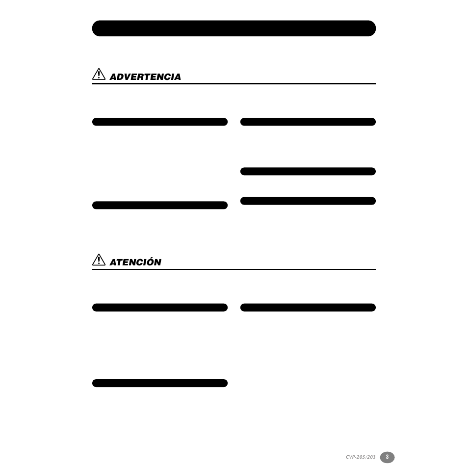 Precauciones, Leer detenidamente antes de continuar, Advertencia | Atención | Yamaha Clavinova CVP-203 User Manual | Page 3 / 169