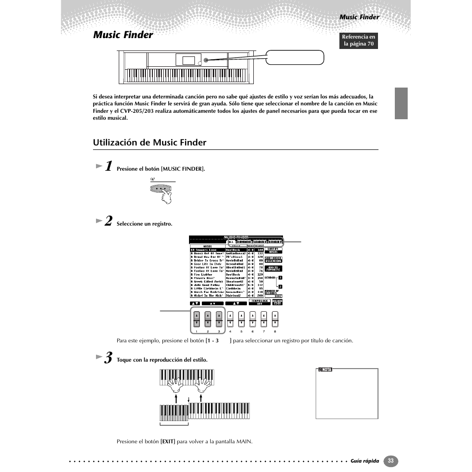 Music finder, Utilización de music finder | Yamaha Clavinova CVP-203 User Manual | Page 33 / 169
