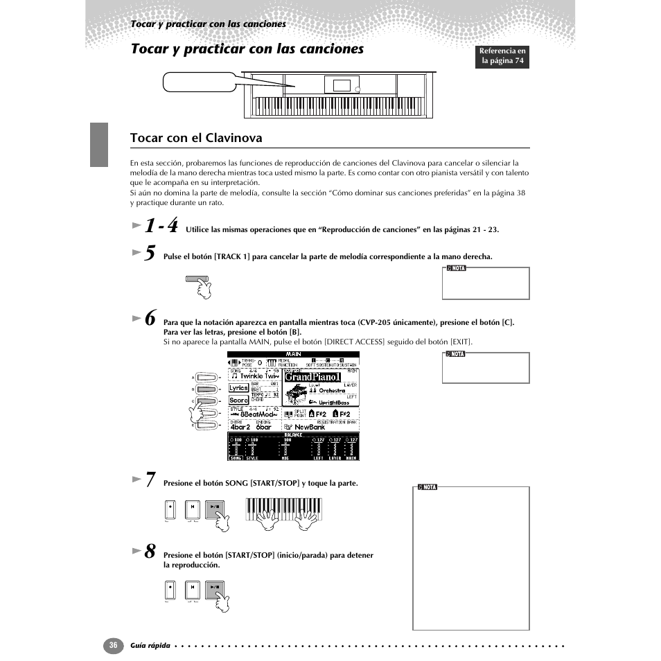 Tocar y practicar con las canciones, Tocar con el clavinova | Yamaha Clavinova CVP-203 User Manual | Page 36 / 169