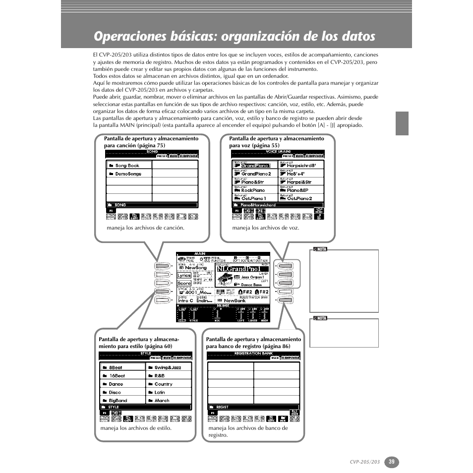 Operaciones básicas: organización de los datos, P. 39 - 46 | Yamaha Clavinova CVP-203 User Manual | Page 39 / 169