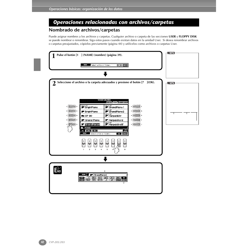 Operaciones relacionadas con archivos/carpetas, Nombrado de archivos/carpetas | Yamaha Clavinova CVP-203 User Manual | Page 42 / 169