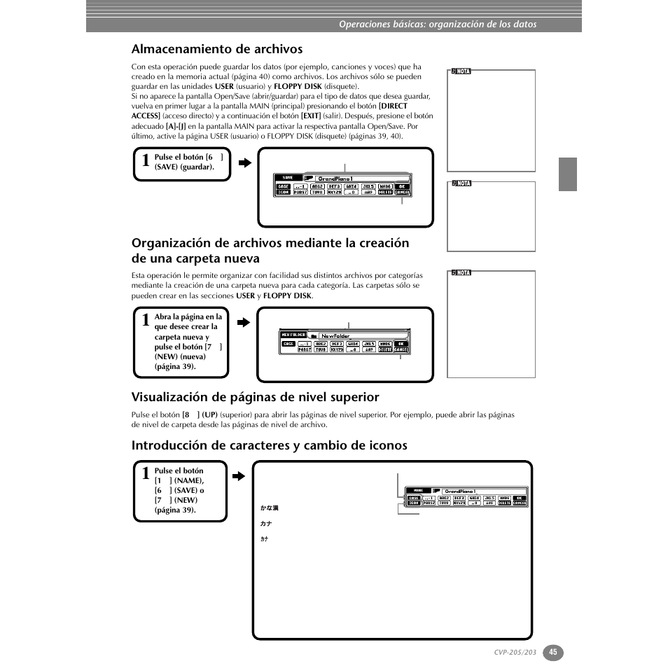 Almacenamiento de archivos, Introducción de caracteres y cambio de iconos, Organización de archivos mediante la creación | De una carpeta nueva, Visualización de páginas de nivel superior | Yamaha Clavinova CVP-203 User Manual | Page 45 / 169