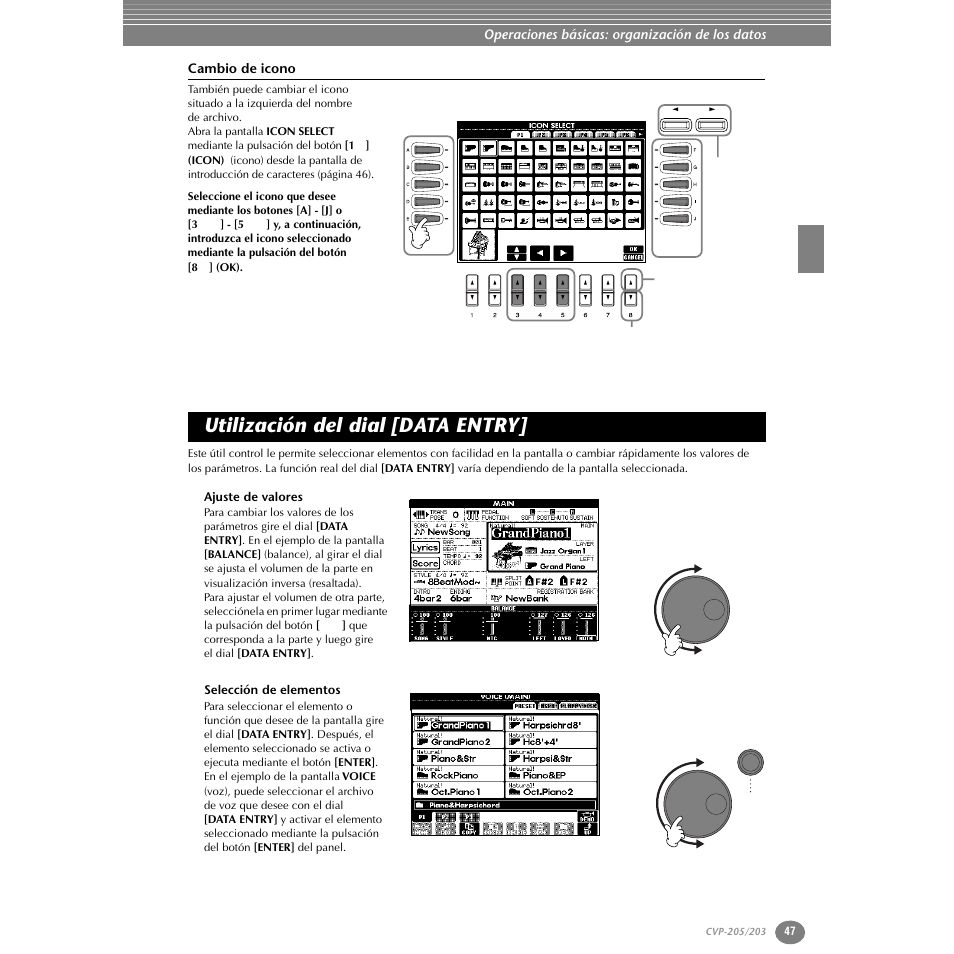 Cambio de icono, Utilización del dial [data entry, Ajuste de valores | Selección de elementos, P. 47 | Yamaha Clavinova CVP-203 User Manual | Page 47 / 169