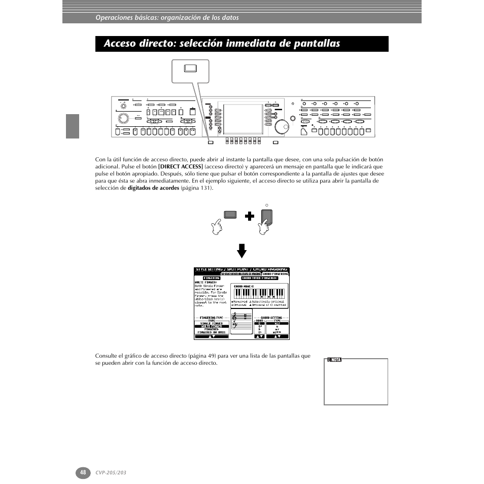 Acceso directo: selección inmediata de pantallas, P. 48, New song | Sync.start reset, Reset, Ab c d e, Part, Fg h i j, Operaciones básicas: organización de los datos | Yamaha Clavinova CVP-203 User Manual | Page 48 / 169