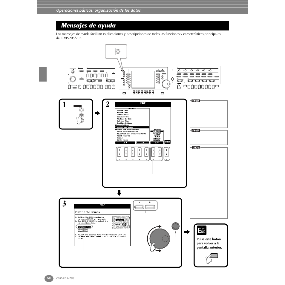 Mensajes de ayuda, P. 50, New song | Sync.start reset, Reset, Ab c d e, Part, Fg h i j, Operaciones básicas: organización de los datos, 1 seleccione el tema de ayuda que desee | Yamaha Clavinova CVP-203 User Manual | Page 50 / 169