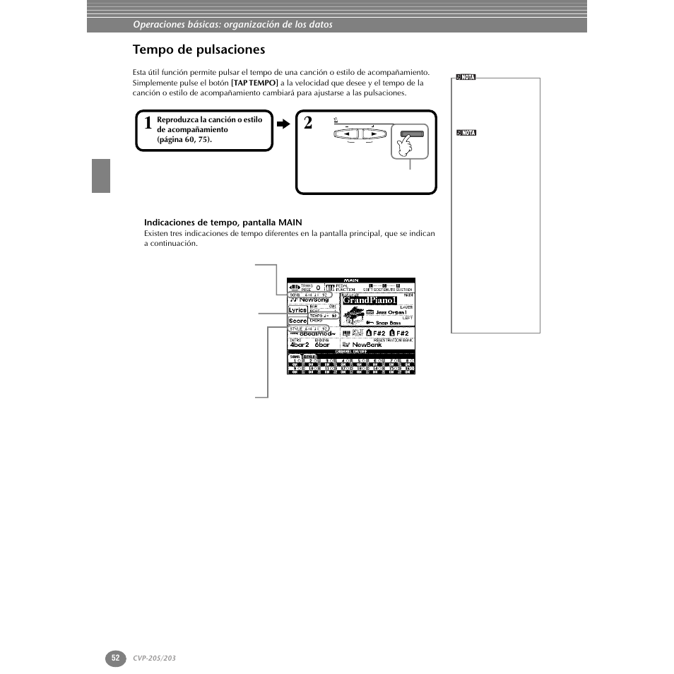 Tempo de pulsaciones, Indicaciones de tempo, pantalla main, P. 52 | Yamaha Clavinova CVP-203 User Manual | Page 52 / 169