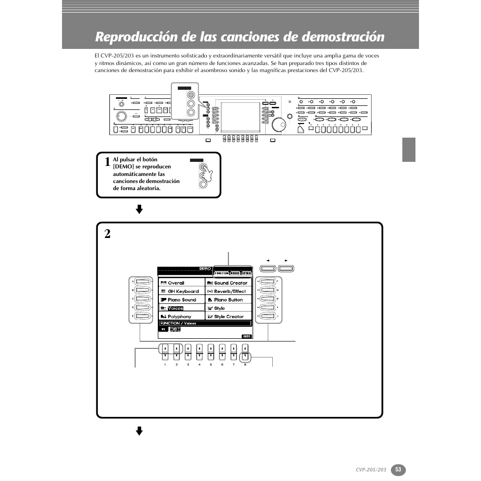 Reproducción de las canciones de demostración, P. 53, New song | Sync.start reset, Reset, Ab c d e, Part, Fg h i j | Yamaha Clavinova CVP-203 User Manual | Page 53 / 169