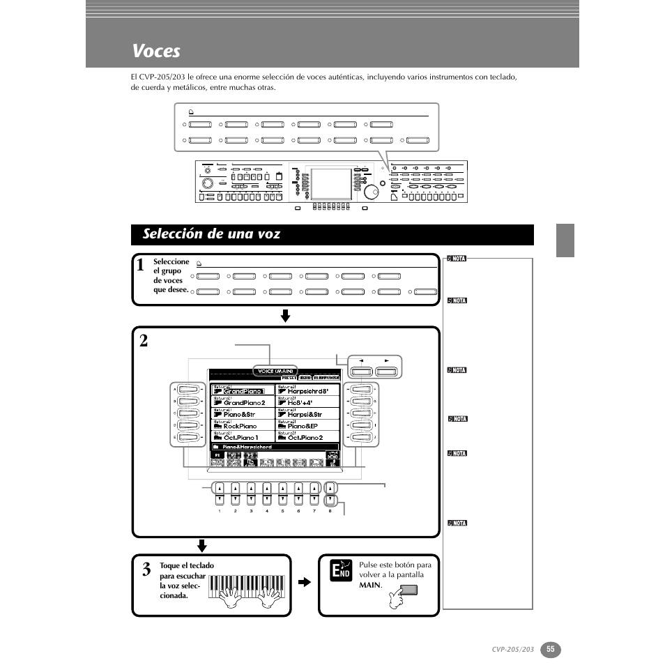 Voces, Selección de una voz, P. 55 | Yamaha Clavinova CVP-203 User Manual | Page 55 / 169