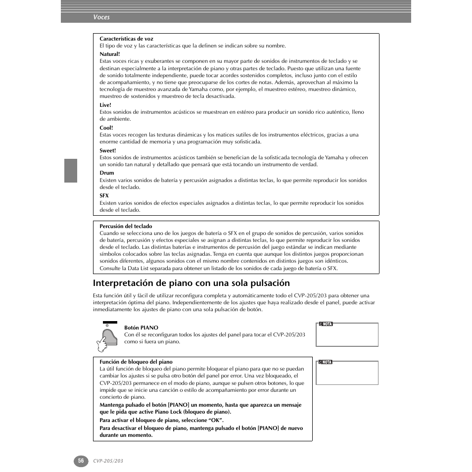 Interpretación de piano con una sola pulsación, P. 56 | Yamaha Clavinova CVP-203 User Manual | Page 56 / 169