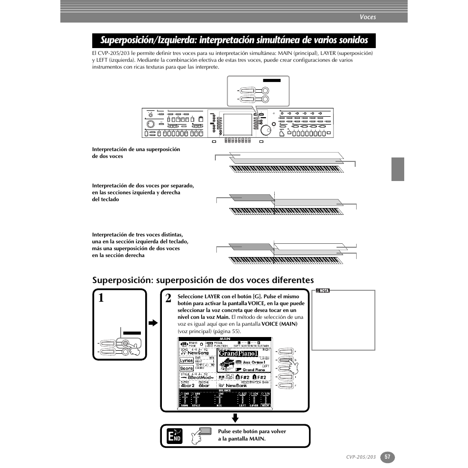 Superposición/izquierda: interpretación, Simultánea de varios sonidos, Superposición: superposición | De dos voces diferentes, P. 57 | Yamaha Clavinova CVP-203 User Manual | Page 57 / 169