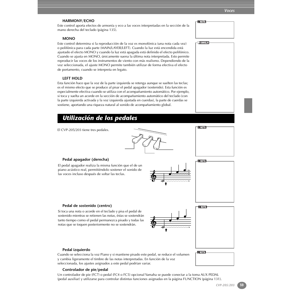 Harmony/echo, Mono, Left hold | Utilización de los pedales, Pedal apagador (derecha), Pedal de sostenido (centro), Pedal izquierdo, Controlador de pie/pedal, P. 59 | Yamaha Clavinova CVP-203 User Manual | Page 59 / 169