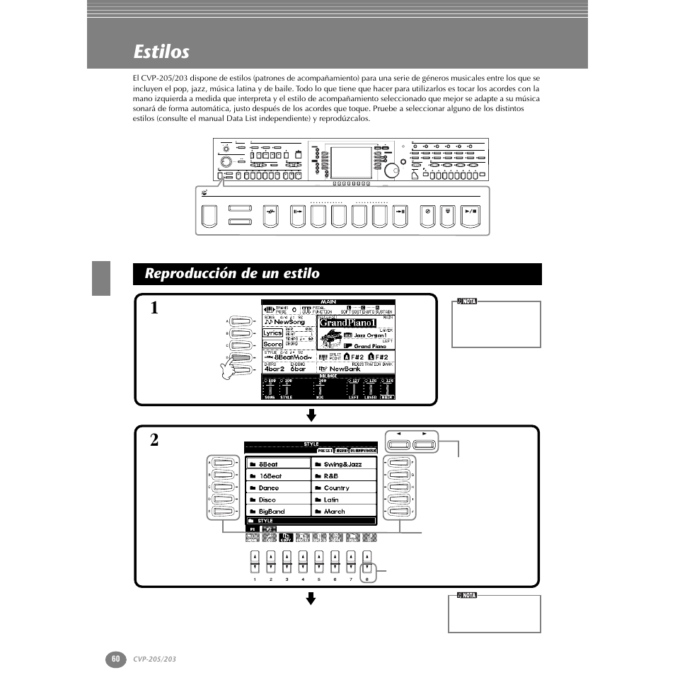 Estilos, Reproducción de un estilo | Yamaha Clavinova CVP-203 User Manual | Page 60 / 169