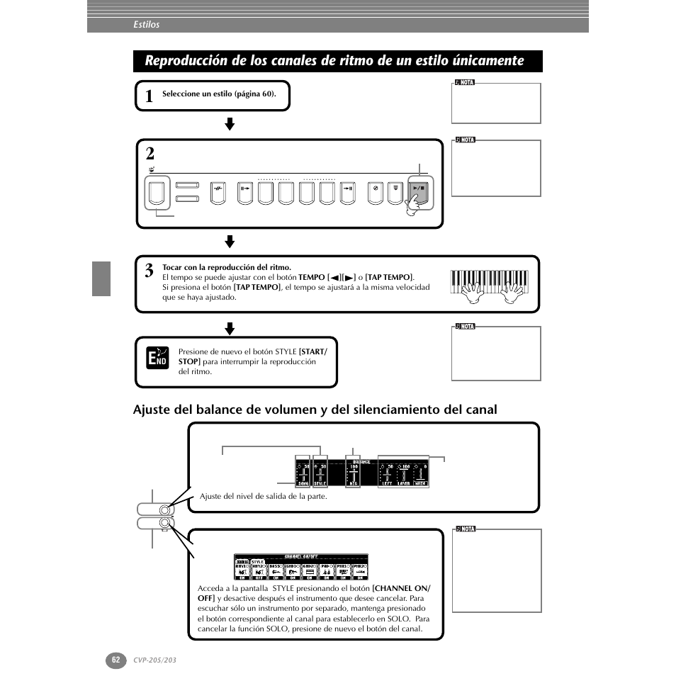 Reproducción de los canales de ritmo, De un estilo únicamente, Ajuste del balance de volumen y del silenciamiento | Del canal, P. 62 | Yamaha Clavinova CVP-203 User Manual | Page 62 / 169