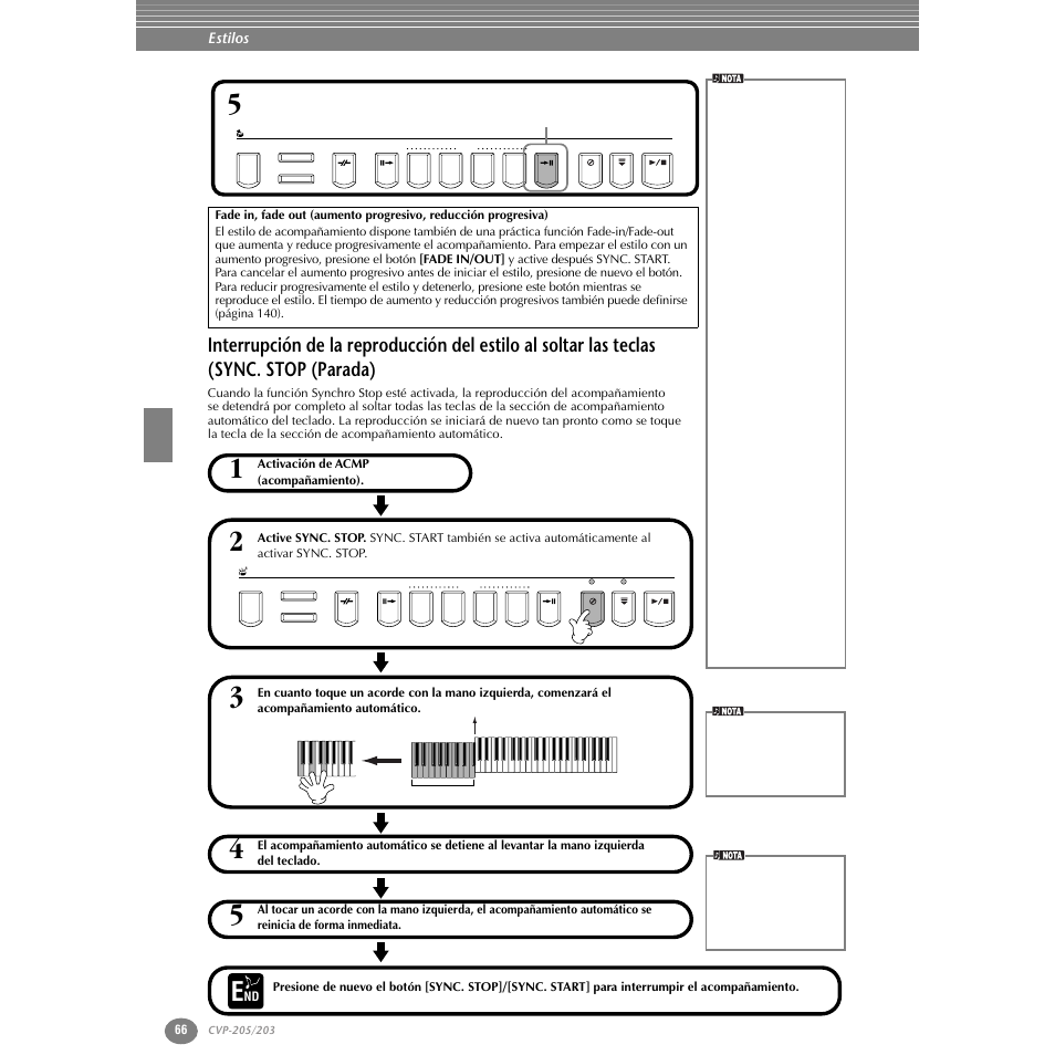 Las teclas (sync. stop (parada), P. 66 | Yamaha Clavinova CVP-203 User Manual | Page 66 / 169