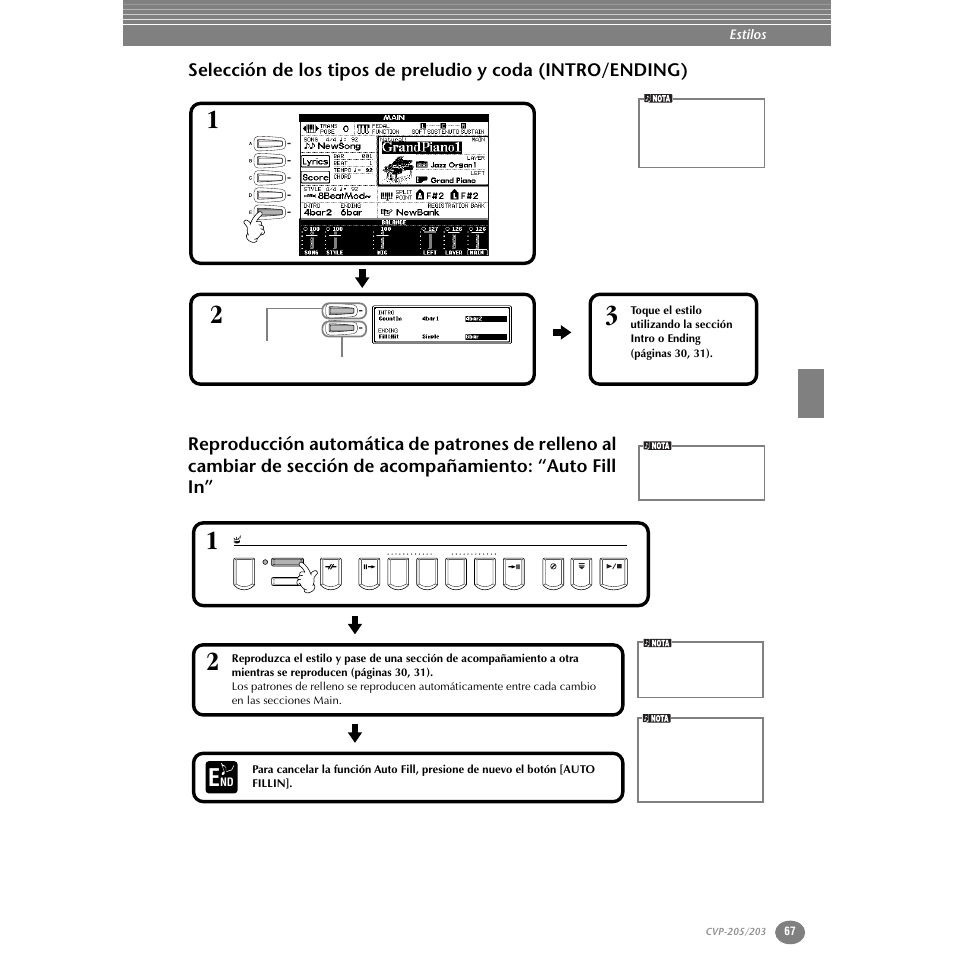 Selección de los tipos de preludio y coda, Intro/ending), Reproducción automática de patrones de relleno | P. 67 | Yamaha Clavinova CVP-203 User Manual | Page 67 / 169