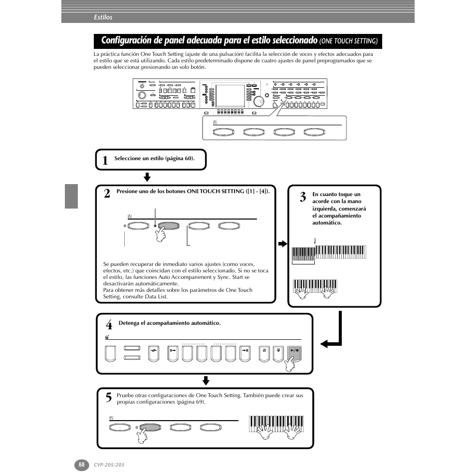 Configuración de panel adecuada para el estilo, Seleccionado (one touch setting), P. 68 | Yamaha Clavinova CVP-203 User Manual | Page 68 / 169