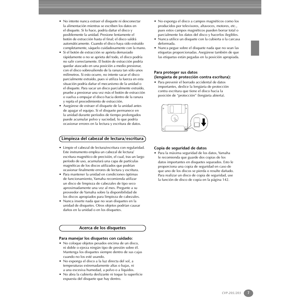Acerca de los disquetes, Para manejar los disquetes con cuidado, Copia de seguridad de datos | Yamaha Clavinova CVP-203 User Manual | Page 7 / 169
