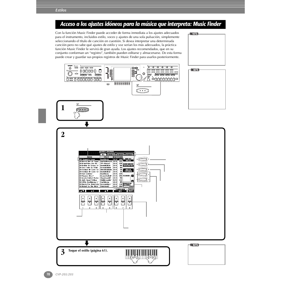 Acceso a los ajustes idóneos para la música, Que interpreta: music finder, P. 70 | Yamaha Clavinova CVP-203 User Manual | Page 70 / 169
