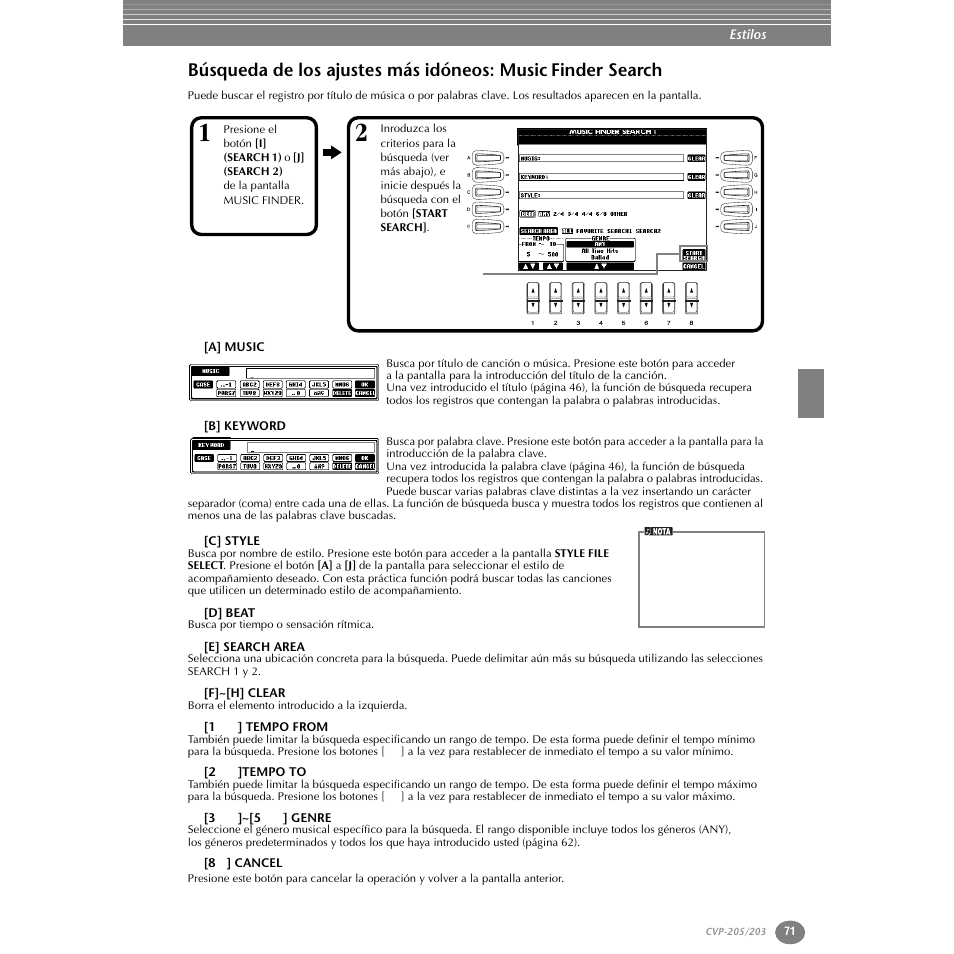 A] music, B] keyword, C] style | D] beat, E] search area, F]~[h] clear, 1st] tempo from, 2st]tempo to, 3st]~[5st] genre, 8t] cancel | Yamaha Clavinova CVP-203 User Manual | Page 71 / 169