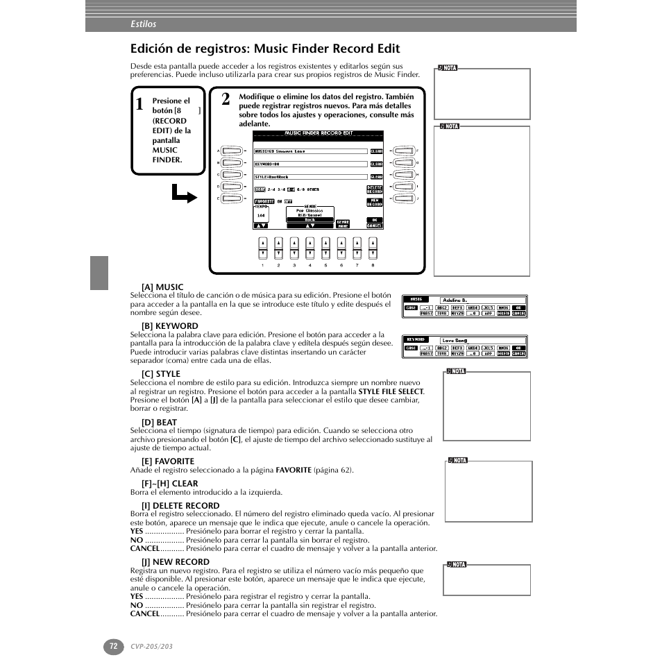 Edición de registros: music finder record edit, A] music, B] keyword | C] style, D] beat, E] favorite, F]~[h] clear, I] delete record, J] new record | Yamaha Clavinova CVP-203 User Manual | Page 72 / 169