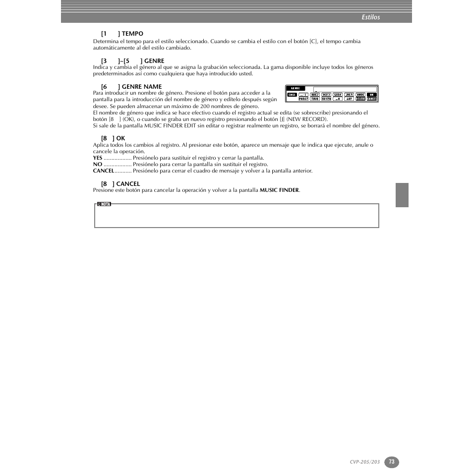 1ts] tempo, 3ts]~[5ts] genre, 6ts] genre name | 8s] ok, 8t] cancel | Yamaha Clavinova CVP-203 User Manual | Page 73 / 169