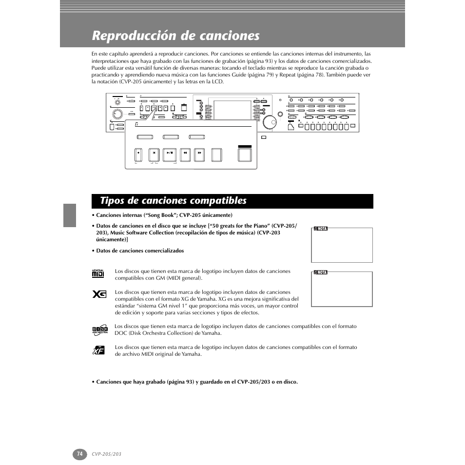 Reproducción de canciones, Tipos de canciones compatibles, New song | Sync.start reset, Reset, Ab c d e, Part, Fg h i j | Yamaha Clavinova CVP-203 User Manual | Page 74 / 169