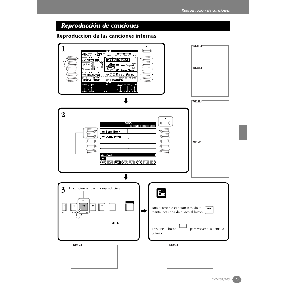 Reproducción de canciones, Reproducción de las canciones internas, P. 75 | Yamaha Clavinova CVP-203 User Manual | Page 75 / 169