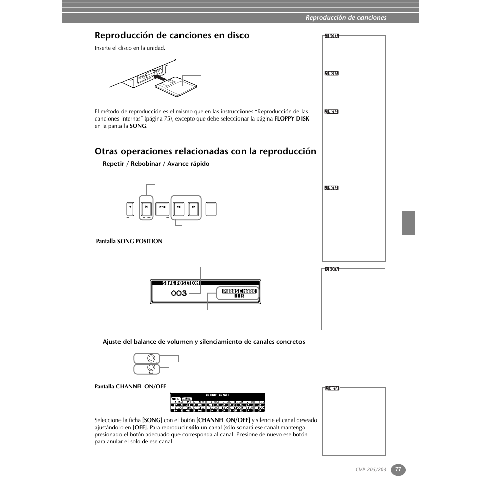 Reproducción de canciones en disco, Otras operaciones relacionadas con la reproducción, Repetir / rebobinar / avance rápido | P. 77, Reproducción de canciones | Yamaha Clavinova CVP-203 User Manual | Page 77 / 169