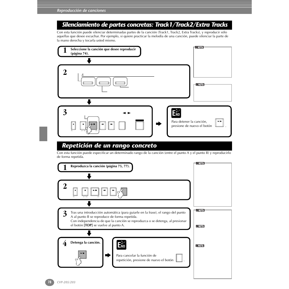 Repetición de un rango concreto, Silenciamiento de partes concretas, Track1/track2/extra tracks | P. 78 | Yamaha Clavinova CVP-203 User Manual | Page 78 / 169