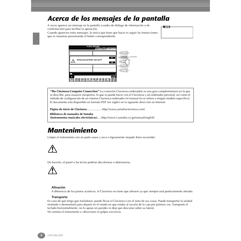 Acerca de los mensajes de la pantalla, Mantenimiento, Afinación | Transporte | Yamaha Clavinova CVP-203 User Manual | Page 8 / 169