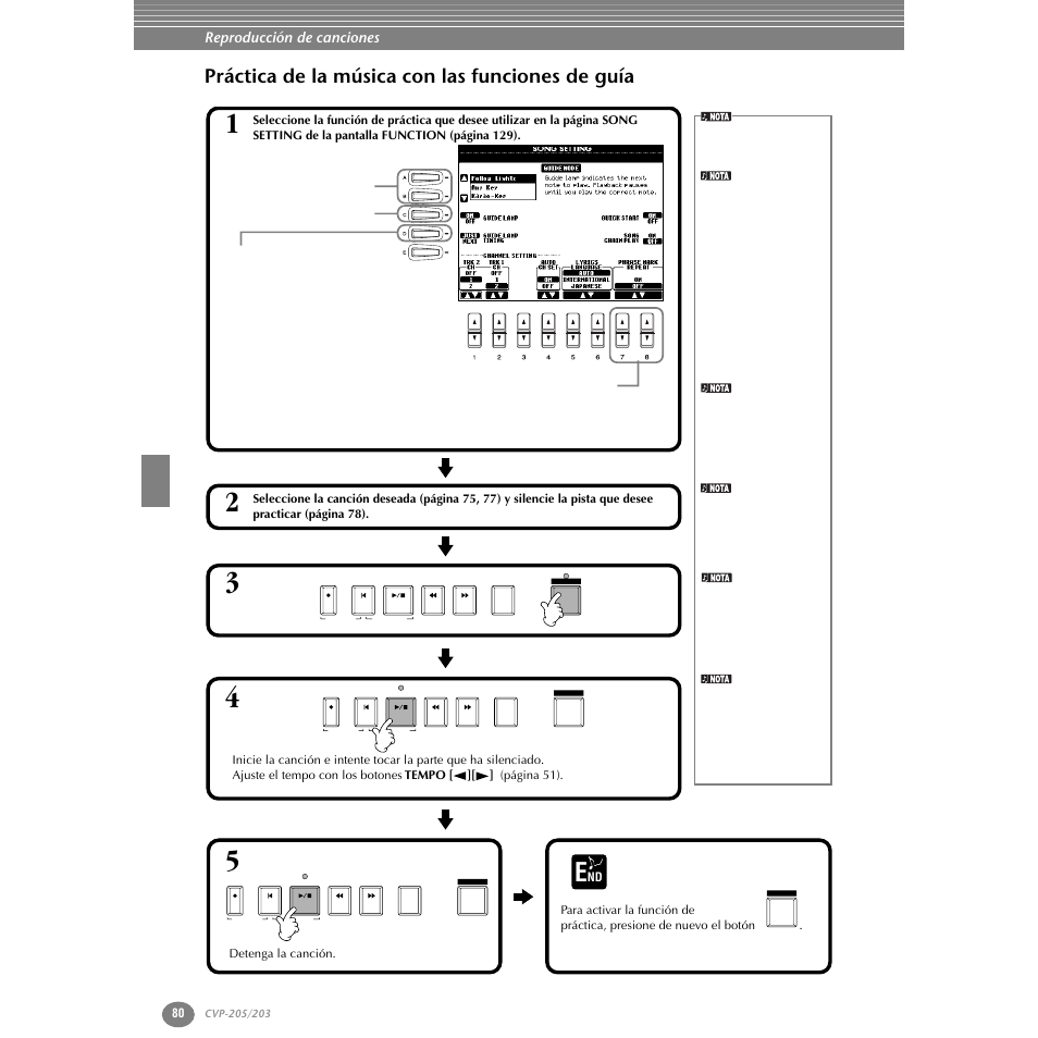 Práctica de la música con las funciones de guía, Reproducción de canciones | Yamaha Clavinova CVP-203 User Manual | Page 80 / 169