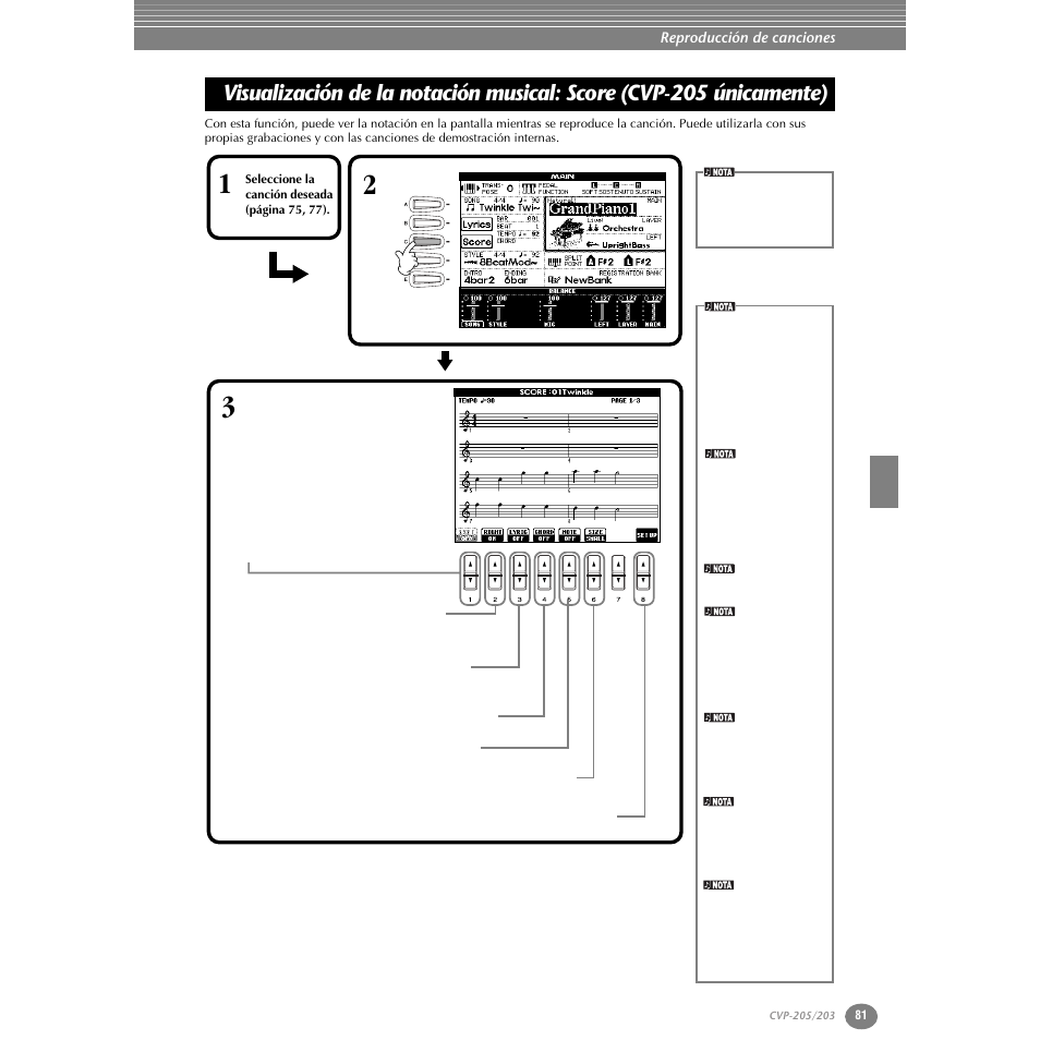 Visualización de la notación musical, Score (cvp-205 únicamente) | Yamaha Clavinova CVP-203 User Manual | Page 81 / 169