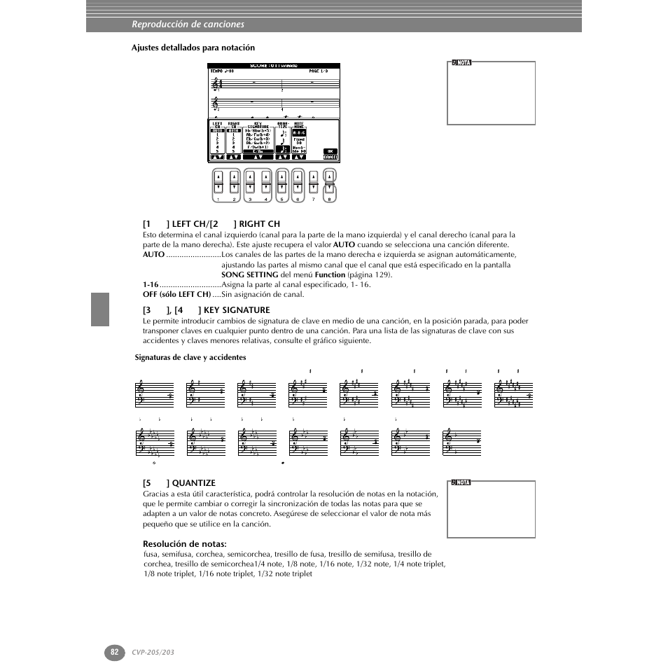 1st] left ch/[2st] right ch, 3st], [4st] key signature, 5st] quantize | Reproducción de canciones, 3 ▲▼ ], [4 ▲▼ ] key signature, 5 ▲▼ ] quantize, Resolución de notas | Yamaha Clavinova CVP-203 User Manual | Page 82 / 169