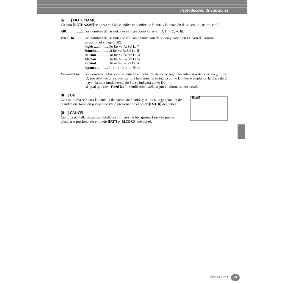 6st] note name, 8s] ok, 8t] cancel | Yamaha Clavinova CVP-203 User Manual | Page 83 / 169