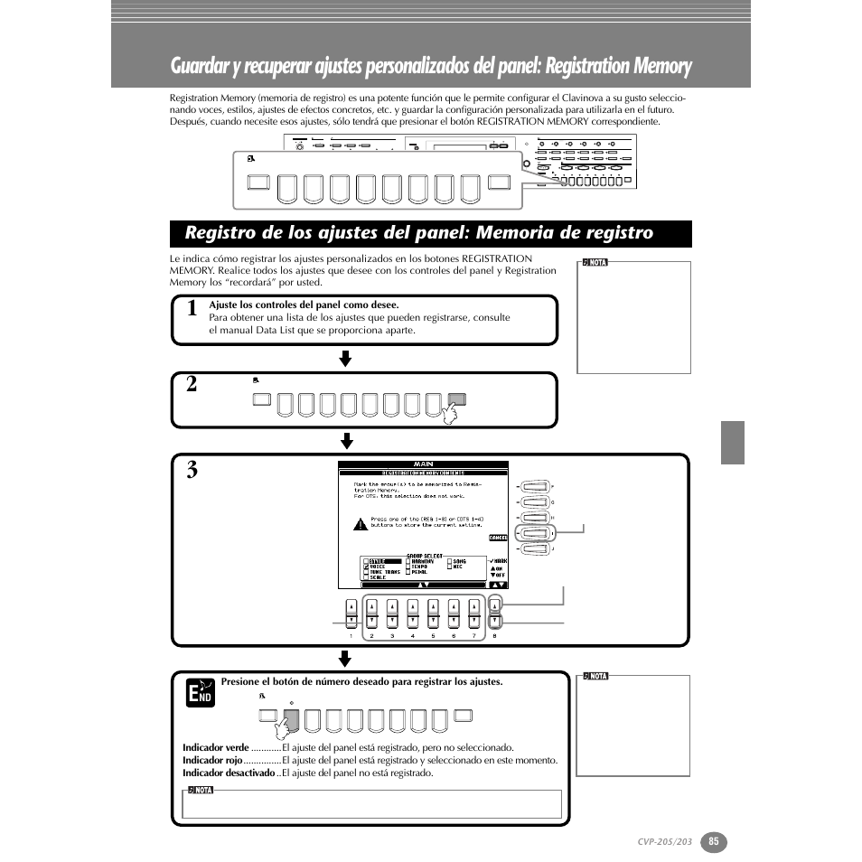 Registro de los ajustes del panel, Memoria de registro, P. 85 | Yamaha Clavinova CVP-203 User Manual | Page 85 / 169