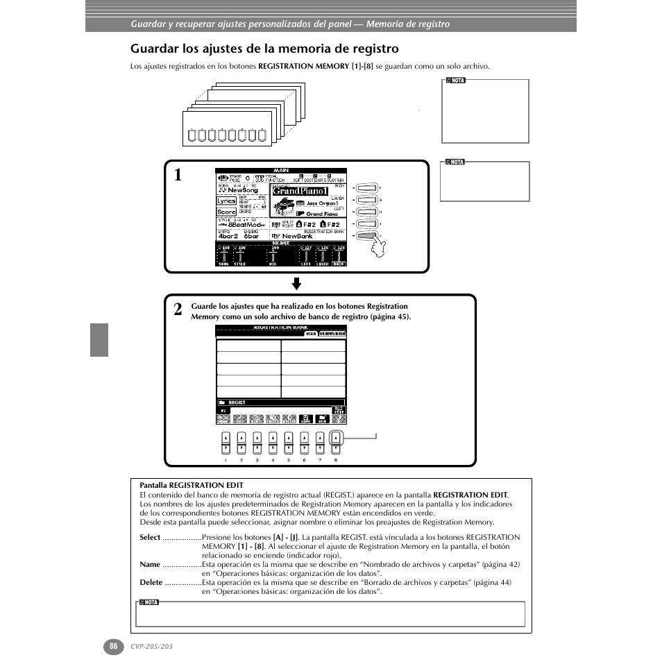 Guardar los ajustes de la memoria de registro | Yamaha Clavinova CVP-203 User Manual | Page 86 / 169