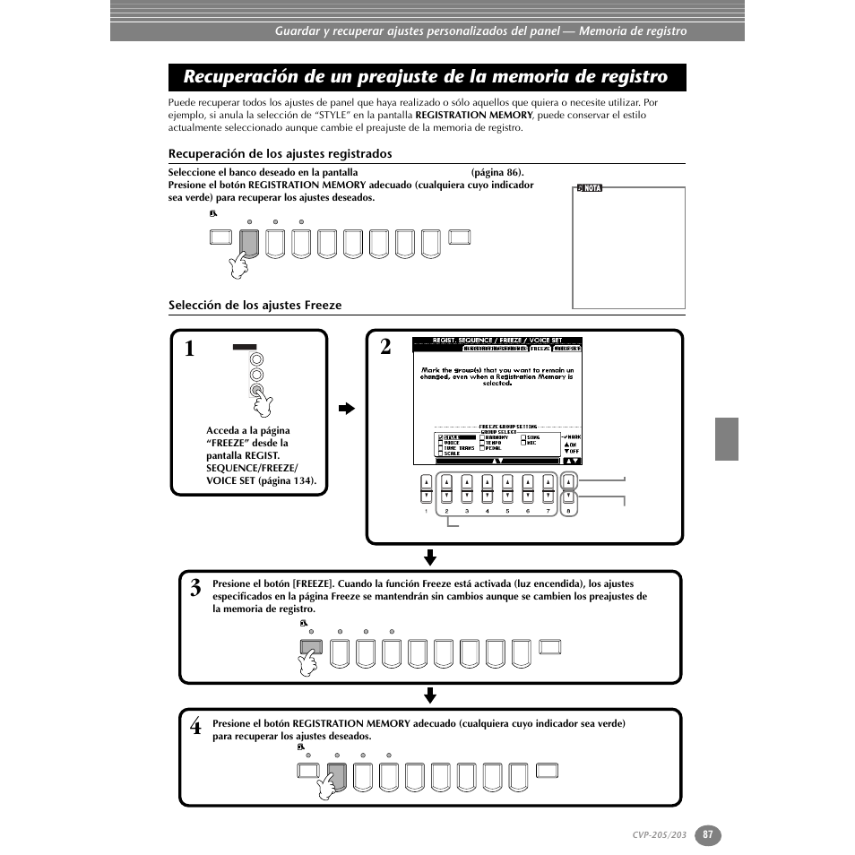 Recuperación de los ajustes registrados, Selección de los ajustes freeze, Recuperación de un preajuste de la memoria | De registro, P. 87 | Yamaha Clavinova CVP-203 User Manual | Page 87 / 169