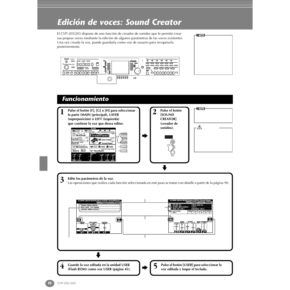 Edición de voces: sound creator, Funcionamiento, P. 88 | Yamaha Clavinova CVP-203 User Manual | Page 88 / 169