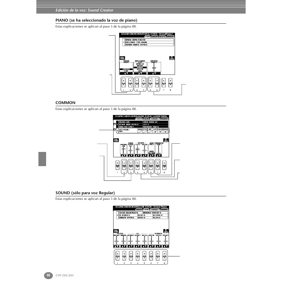 Piano (se ha seleccionado la voz de piano), Common, Sound (sólo para voz regular) | Yamaha Clavinova CVP-203 User Manual | Page 90 / 169