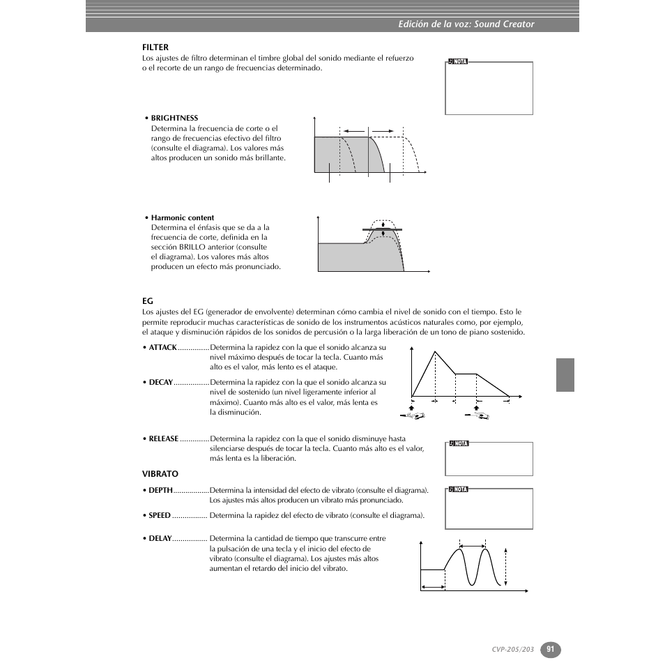 Filter, Vibrato, Edición de la voz: sound creator | Yamaha Clavinova CVP-203 User Manual | Page 91 / 169