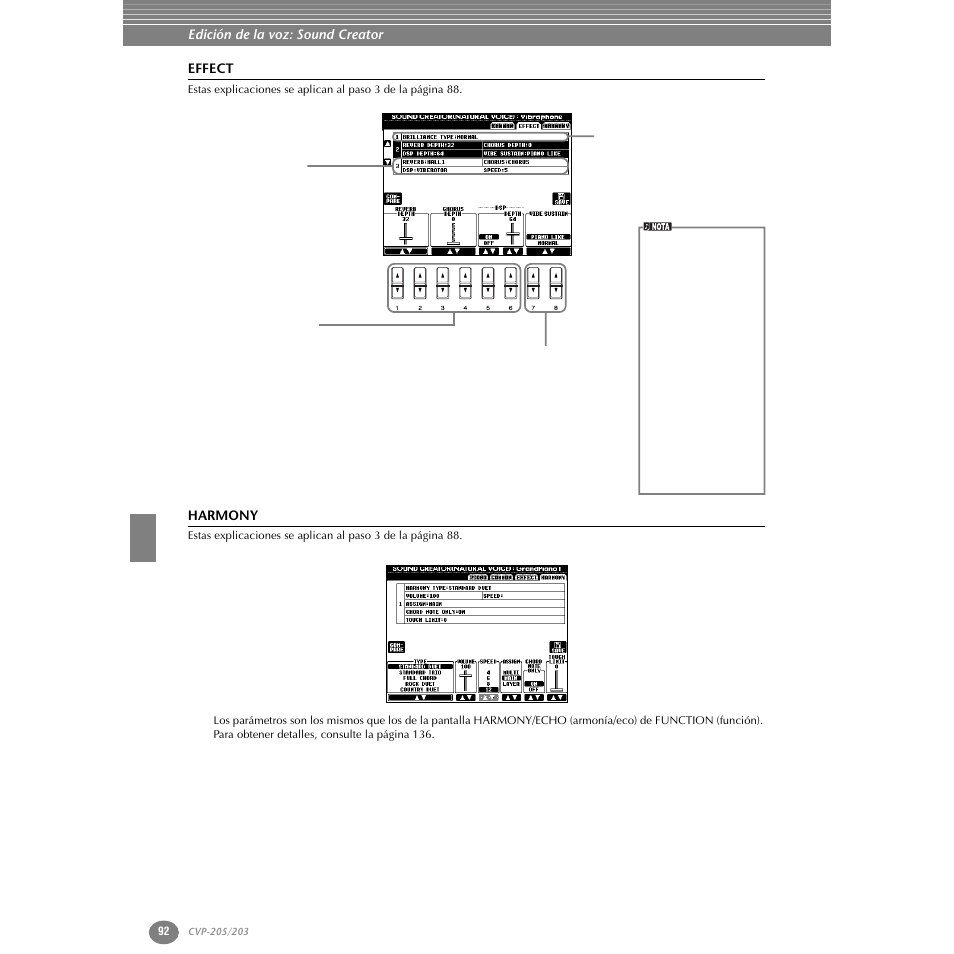 Effect, Harmony | Yamaha Clavinova CVP-203 User Manual | Page 92 / 169
