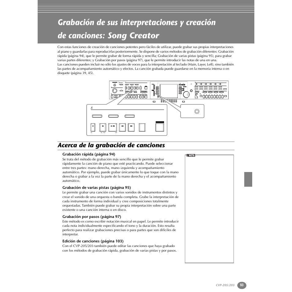 Acerca de la grabación de canciones, P. 93 | Yamaha Clavinova CVP-203 User Manual | Page 93 / 169