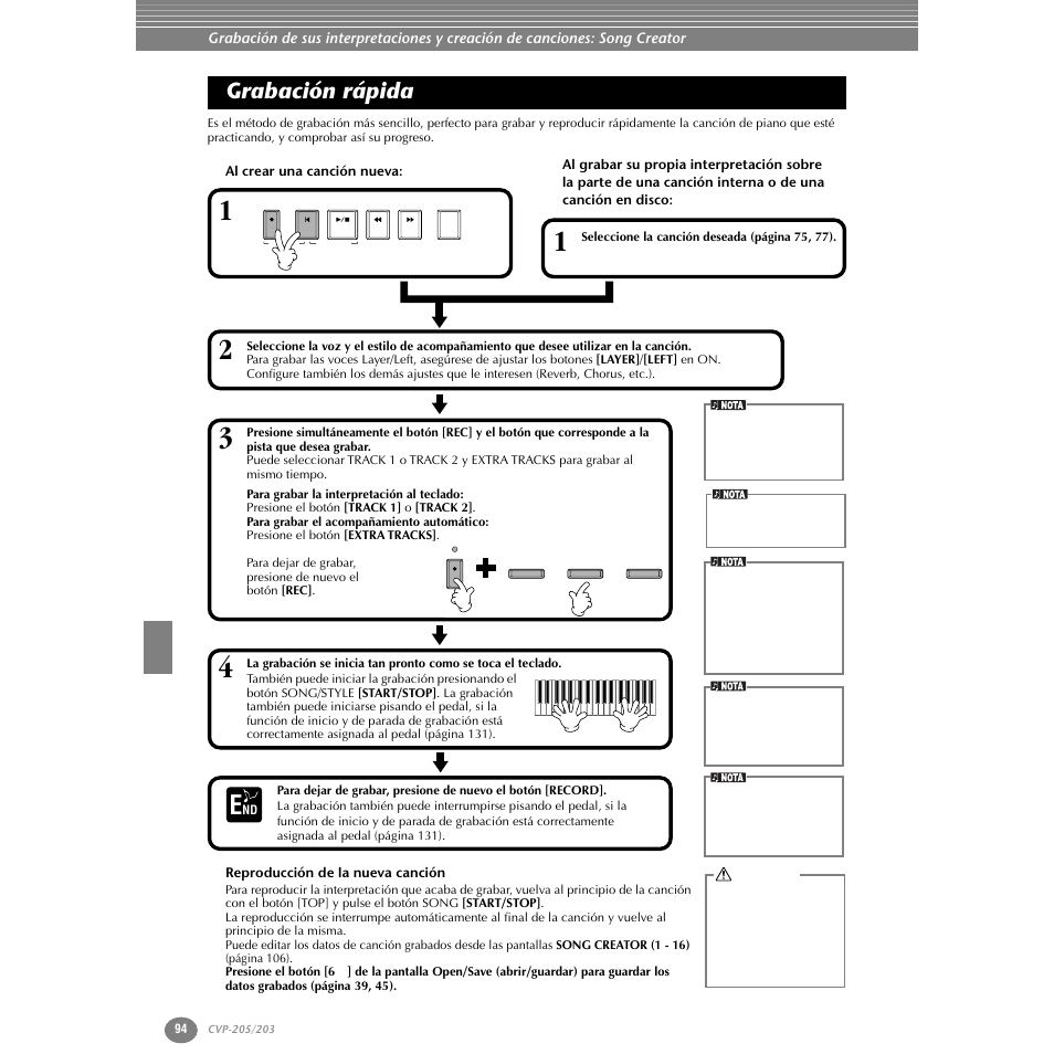 Grabación rápida, Al crear una canción nueva, Reproducción de la nueva canción | Yamaha Clavinova CVP-203 User Manual | Page 94 / 169