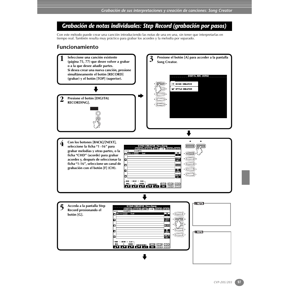 Funcionamiento, Grabación de notas individuales: step record, Grabación por pasos) | Yamaha Clavinova CVP-203 User Manual | Page 97 / 169