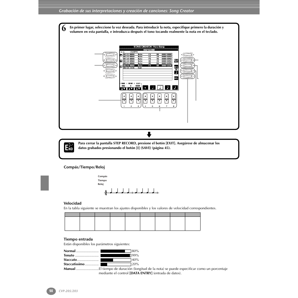 Compás/tiempo/reloj, Velocidad, Tiempo entrada | Yamaha Clavinova CVP-203 User Manual | Page 98 / 169